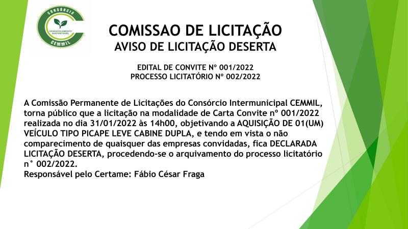 EDITAL DE COMISSÃO DE LICITAÇÃO AVISO DE CARTA CONVITE N 002/2022